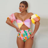 Wenkouban New One Piece Swimsuit Print Retro Long Sleeve Swimwear Women Bandage Floral Bathing Suits Strappy Backless Beach Wear