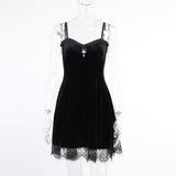 Wenkouban E-Girl Aesthetics Ruffles Lace Trim Velvet Dresses Mall Goth Y2K A-Line Straped Backless Cami Dress Grunge Punk Outfits