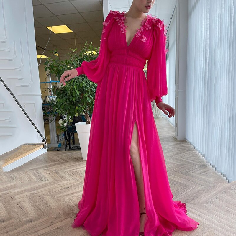 Chiffon Prom Dress 2021 A-Line V-Neck Long Puffy Sleeves Butterfly Evening Gowns Saudi Arabia Custom Made Evening Dress