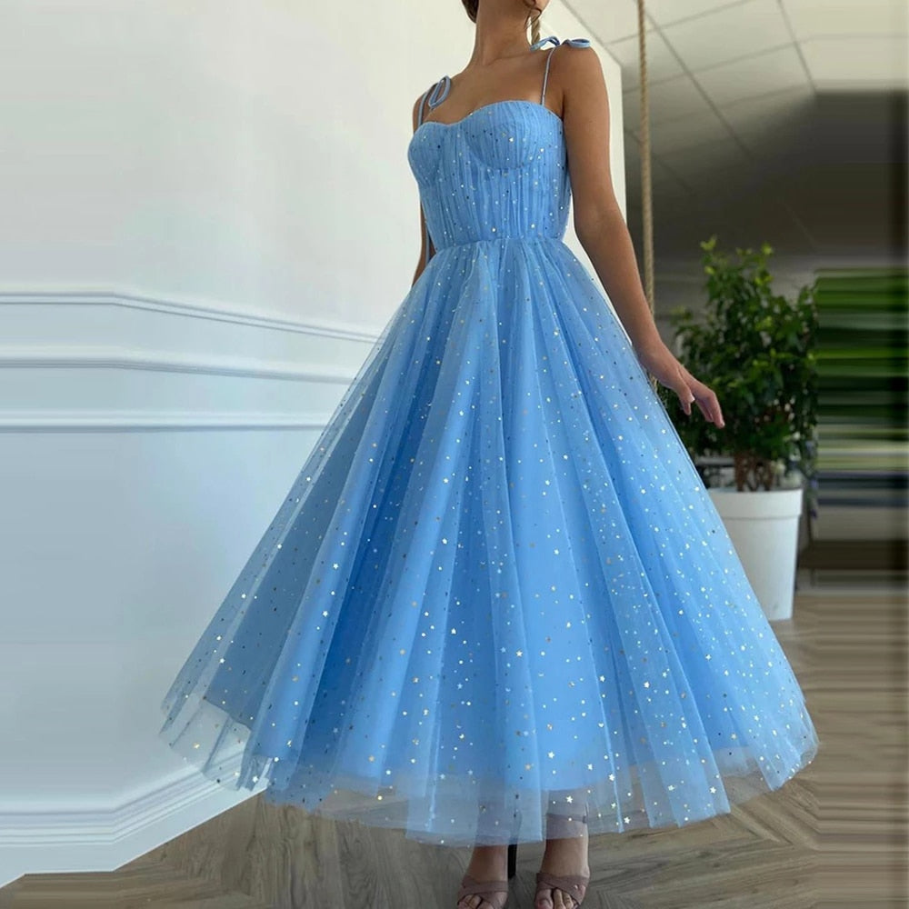 Blue A Line Prom Dresses Sweetheart Sleeveless Tulle Formal Wedding/Evening Party Dress for Graduation Vestidos De Fiesta