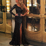 One Shoulder Evening Dresses 2022 Black Sequins Mermaid Long Sleeves Formal Dresses Abiye Gece Elbisesi Side Slit Robe De Soiree