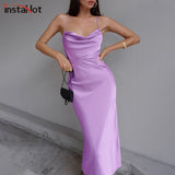 InstaHot Stain Pile Collar Lace Up Dress Vintage Casual Party Solid Backless Slim 2021 Summer Elegant Sleeveless Straps Dress