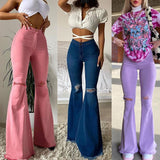 Wenkouban  2023  Graduation Gifts New Women Denim Flared Pants High-waisted Button Holes Ripped Bodycon Bell-Bottoms Trousers Solid Tight Summer Clothing