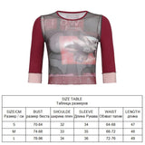 Wenkouban Print Mesh Crop Top Summer Woman Half Sleeve Tie Dye Pink Tshirts Streetwear Sexy Round Neck Slim See Through Graphic Tees