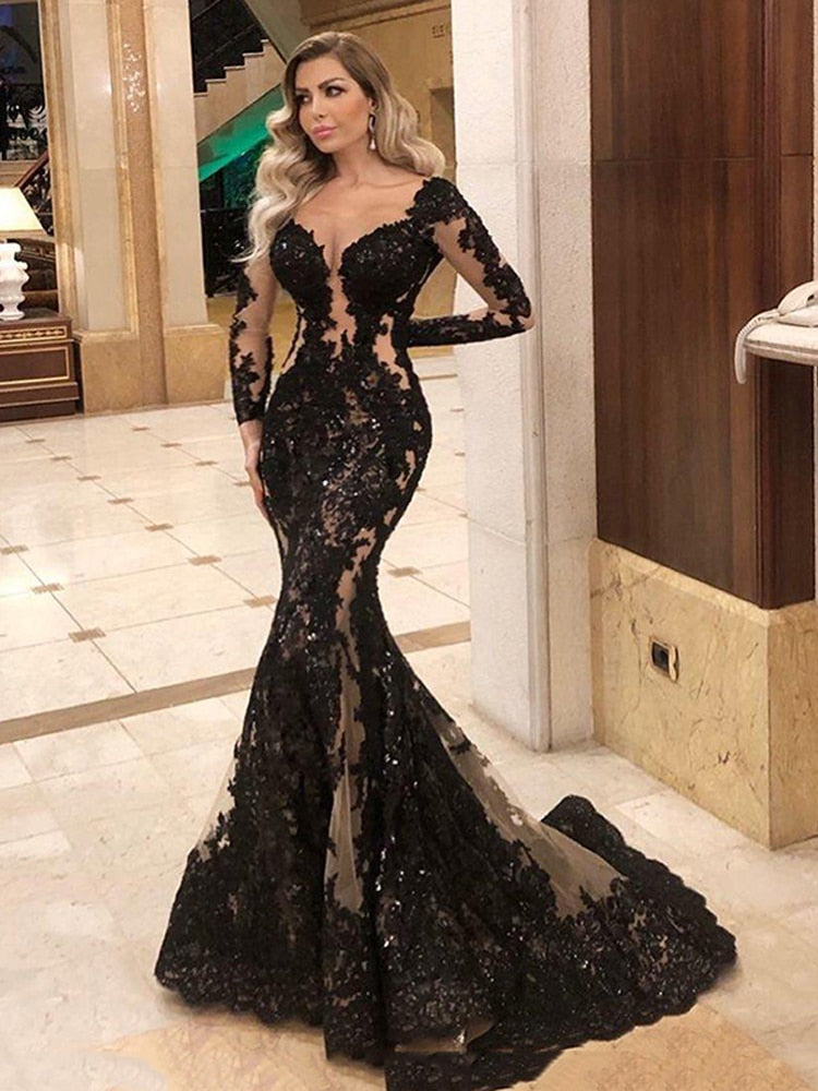 Wenkouban Mermaid Formal Evening Dress Long Sleeve Sexy Black Long Prom Party Gowns Custom Made
