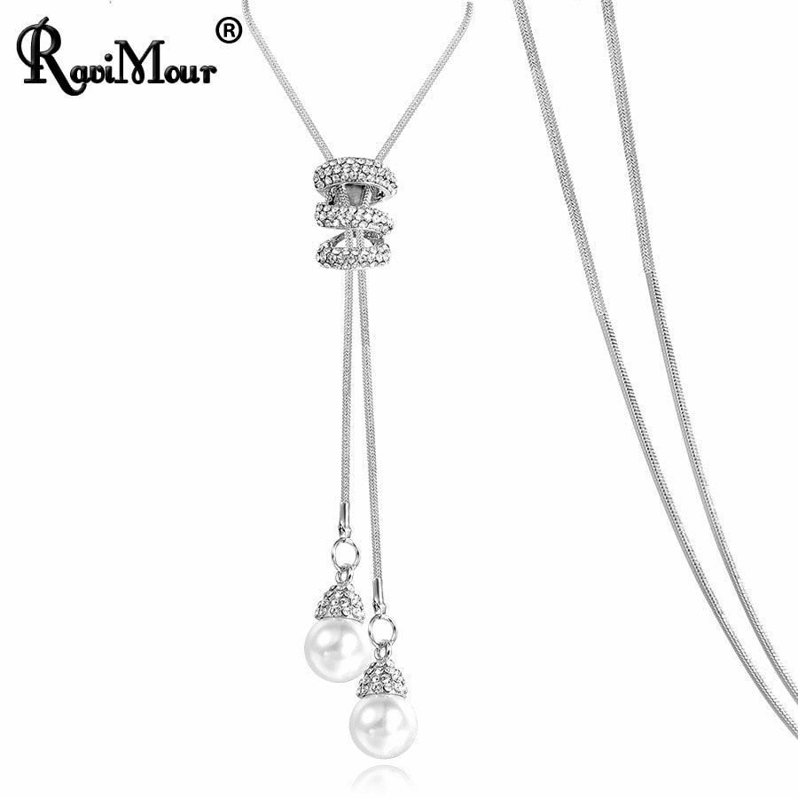 Wenkouban Simulated Pearl Choker Necklaces for Women Silver Color Chain Long Necklace Pendant Jewelry Accessories Trendy Kolye