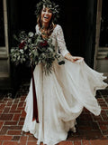 Two Pieces Boho Wedding Dress Long Sleeves 2021 A Line White Ivory Chiffon Lace Princess Beach Bride Wedding Gown