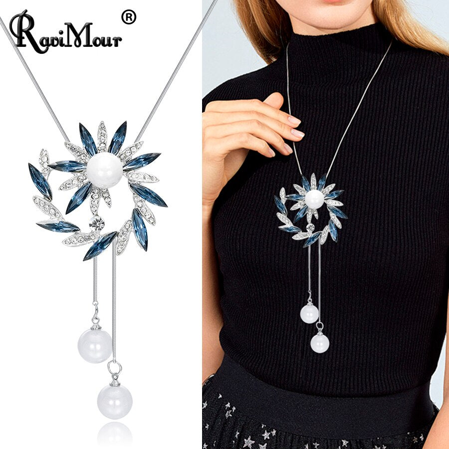 Wenkouban Fashion Long Chain Sweater Necklaces & Pendants for Women Blue Opal Rhinestone Flower Pendant Necklace Female Jewelry
