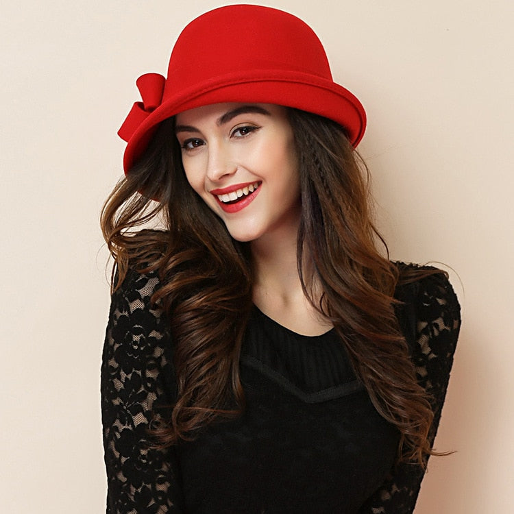 Women Party Formal Headwear Lady Winter Fashion Asymmetric Bowknot 100% Wool Felt Hats