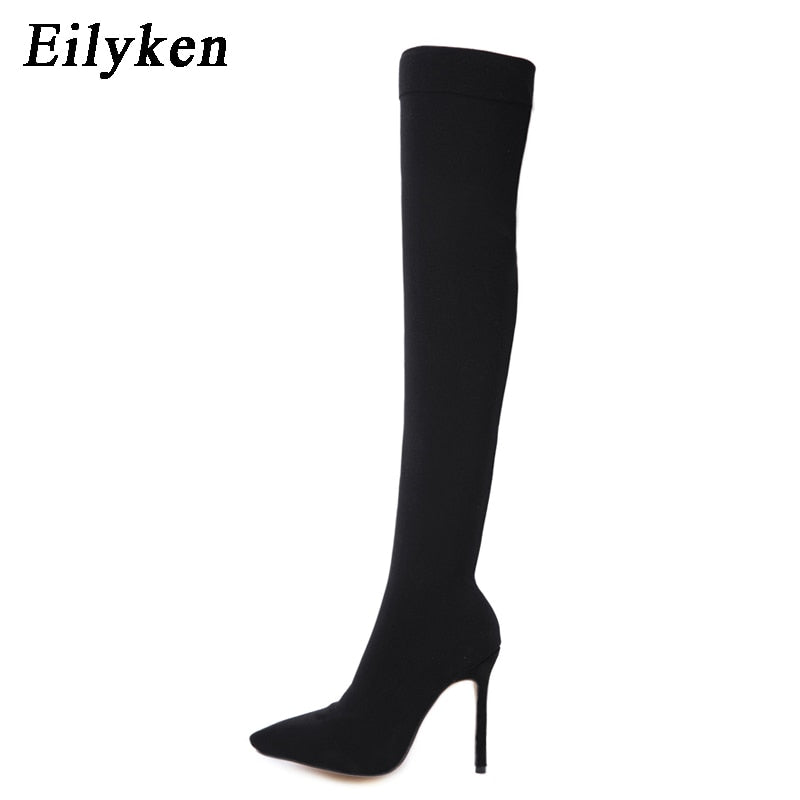 Wenkouban 2022 Fashion Stretch Fabric Sock Boots Pointy Toe Over-the-Knee Heel Thigh High Pointed Toe Woman Boot size 35-42