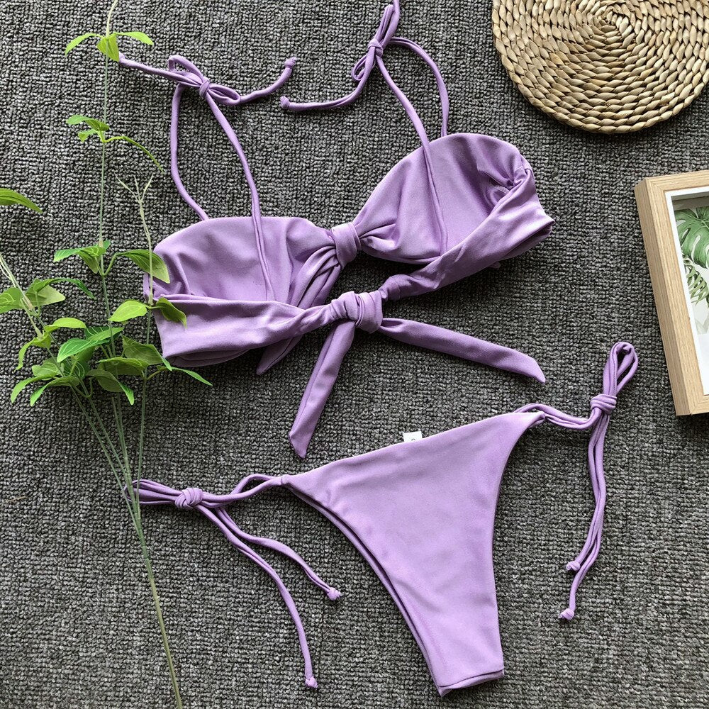 Graduation Gifts  Floylyn Purple Bow Knot Bikinis Monokini Bandage Brazilian Bikini Set Bathing Suit Women Bandeau Swimwear Tie Front Swimsuit