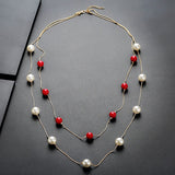 Wenkouban 4 Colos Red Simulated Pearl Necklace Women Long Chain Multilayer Choker Necklace Jewelry Trendy Sweater Accessories