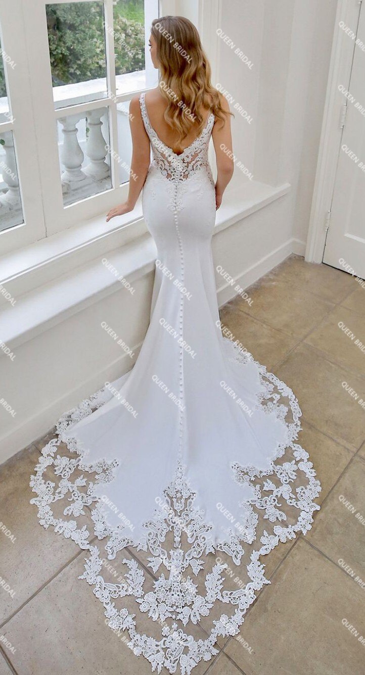Sexy Wedding Dresses Mermaid V-neck Open Back Satin Tulle Lace Appliques Formal Simple Long Bride Dress Custom Made DE48
