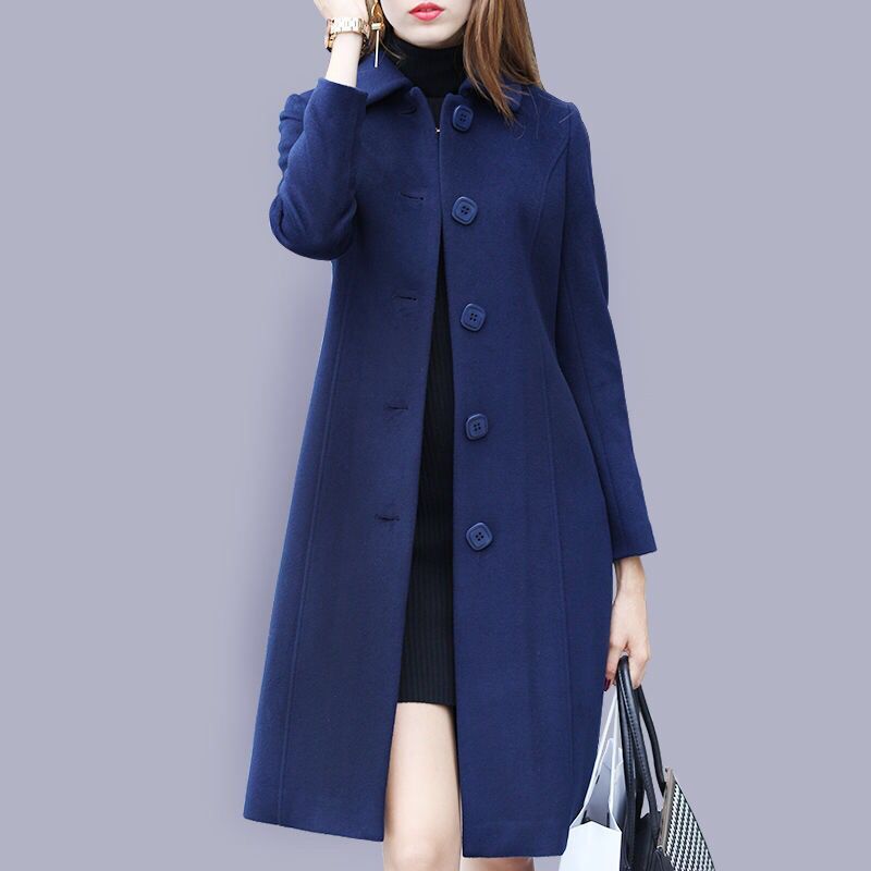 Wenkouban Fashion Ladies Wool Coat New Autumn Winter Mid-Length Single-Breasted Slim Blended Woolen Overcoat Red Blue Black Women Jacket