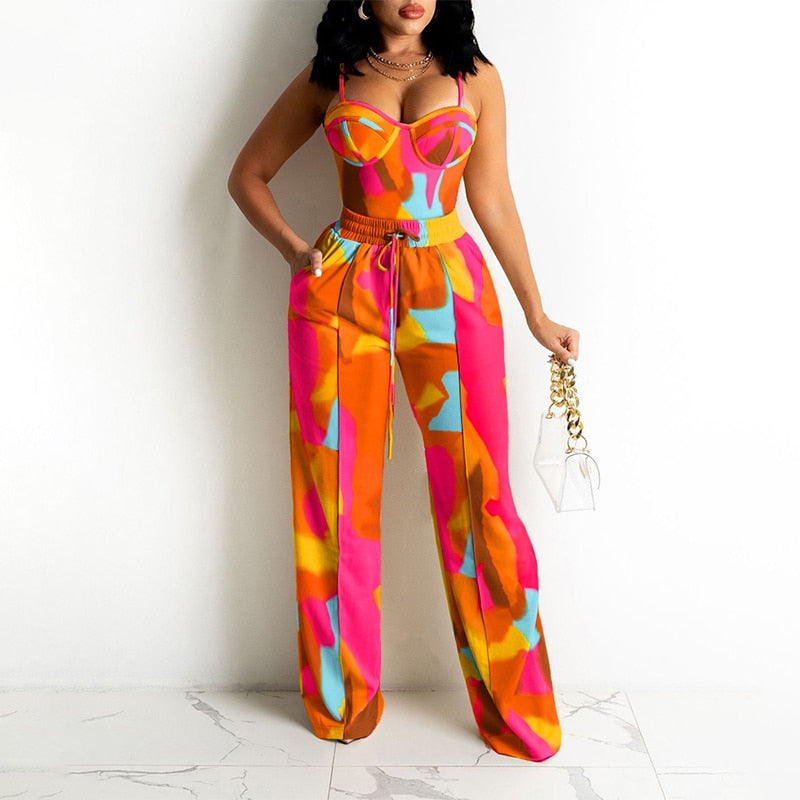 Graduation Gifts  2022 Summer Women Casaul Two Piece Suit Sets Sleeveless Colorblock Zipper Back Cami Top & Wide Legs Contrast Pipping Pants Set