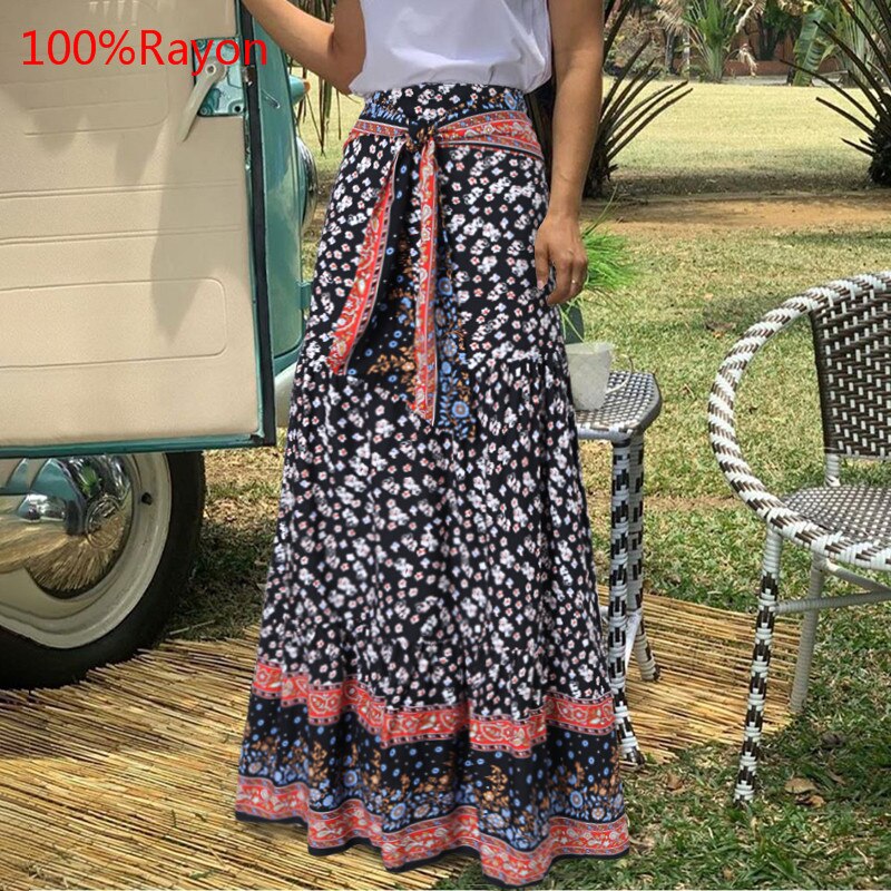 Fashion Women Vintage Maxi Skirts High Waist Plaid Long Skirts Bohemian Casual Loose Belted Pleated Party Skirt Oversized