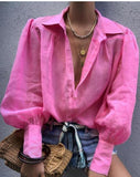 Wenkouban Women Blouses 2023 Autumn Office Lady Colorful Shirts Lantern Sleeve Buttons Pink White Blue Orange Blouse Tops