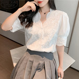 Graduation Gifts  2022 Summer Ladies Blouse Sweet Women Blouse Cotton Embroidery Hollow Out Tops Casual White Short Sleeve Blouses Blusas 13102
