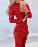 Wenkouban 2022 Fall Winter Knitted 2 Piece Suits Women Long Sleeve Ribbed Slit Long Top and High Waist Pencil Pants Set