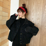 Wenkouban Harajuku Black Denim Short Jacket Women Korean Loose Bomber Jacket Female Outerwear Streetwear Long Sleeve Casual Overcoat Mujer