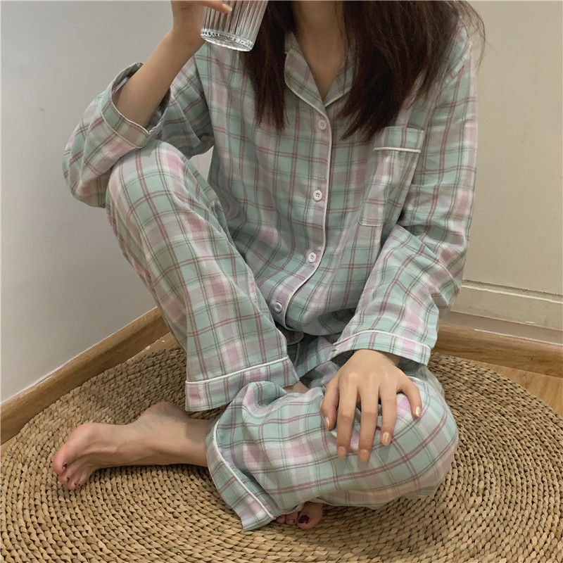 Cotton Home Suits Korean Sleepwear Plaid Print Pajamas for Women Summer 2021 Pyjamas Girls Pijama Short and Long Sleeve Pjs Set