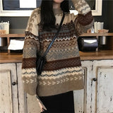 Wenkouban Vintage Striped Brown Sweater Women Oversized Pullovers Harajuku Clothes Autumn Korean O-Neck Knit Jumpers Pull Femme Casual Top