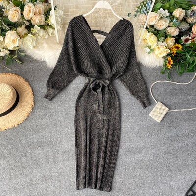 Graduation gift Sparkling Sexy Party Midi Dress Woman Spring Sweater Elegant Slim Knitted Green Vintage Vestidos Female Long Sleeve Clothes