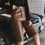 Graduation Gifts Plus Size British Style Autumn Winter Women's PU Leather Short High Waist Motor Five Point Trouser Casual Straight Overalls