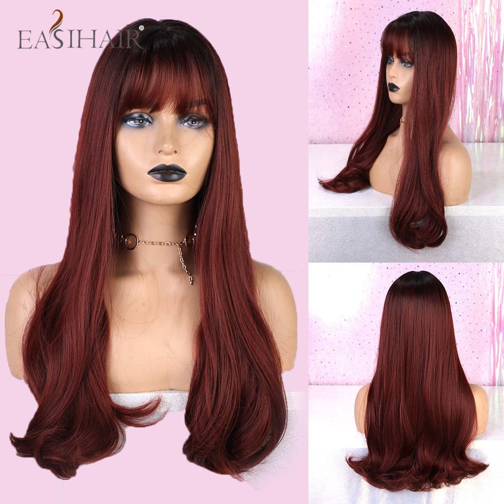 Wenkouban  Long Black Wigs Cosplay Body Wave Synthetic Wigs With Bangs For White/Black Women Brazilian American Natural Hair