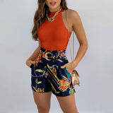 Graduation Gifts  2022 Fashion Summer Women Sexy Two Piece Suit Sets Sleeveless Round Neck Slim Fit White Crop Top & Pocket Design Red Shorts Set