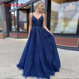 Lace navy blue V-neck vestidos de fiesta de noche prom party Evening Dresses robe de soiree gown frock long soft tulle lace-up