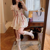 Wenkouban Floral Lace Dress Mori Girl Style Elegant Puff Sleeve Bandage Kawaii Fairy Princess Mini Short Dresses Woman 2023