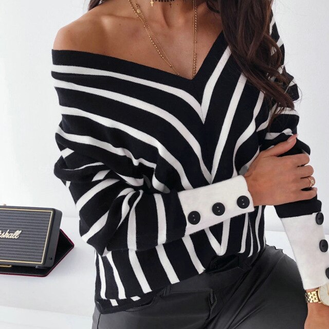 WENKOUBAN New style off-shoulder striped V-neck sweater, loose long-sleeved bottoming shirt, women's autumn and winter top sweater