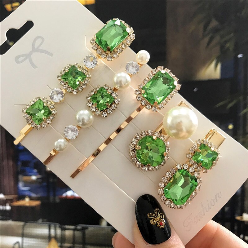 Wenkouban 2022 New Green Crystal Hair Clip Hairpins for Women Fashion Simulated Pearl Hair Accessories Set Luxury Wedding Female Ornaments