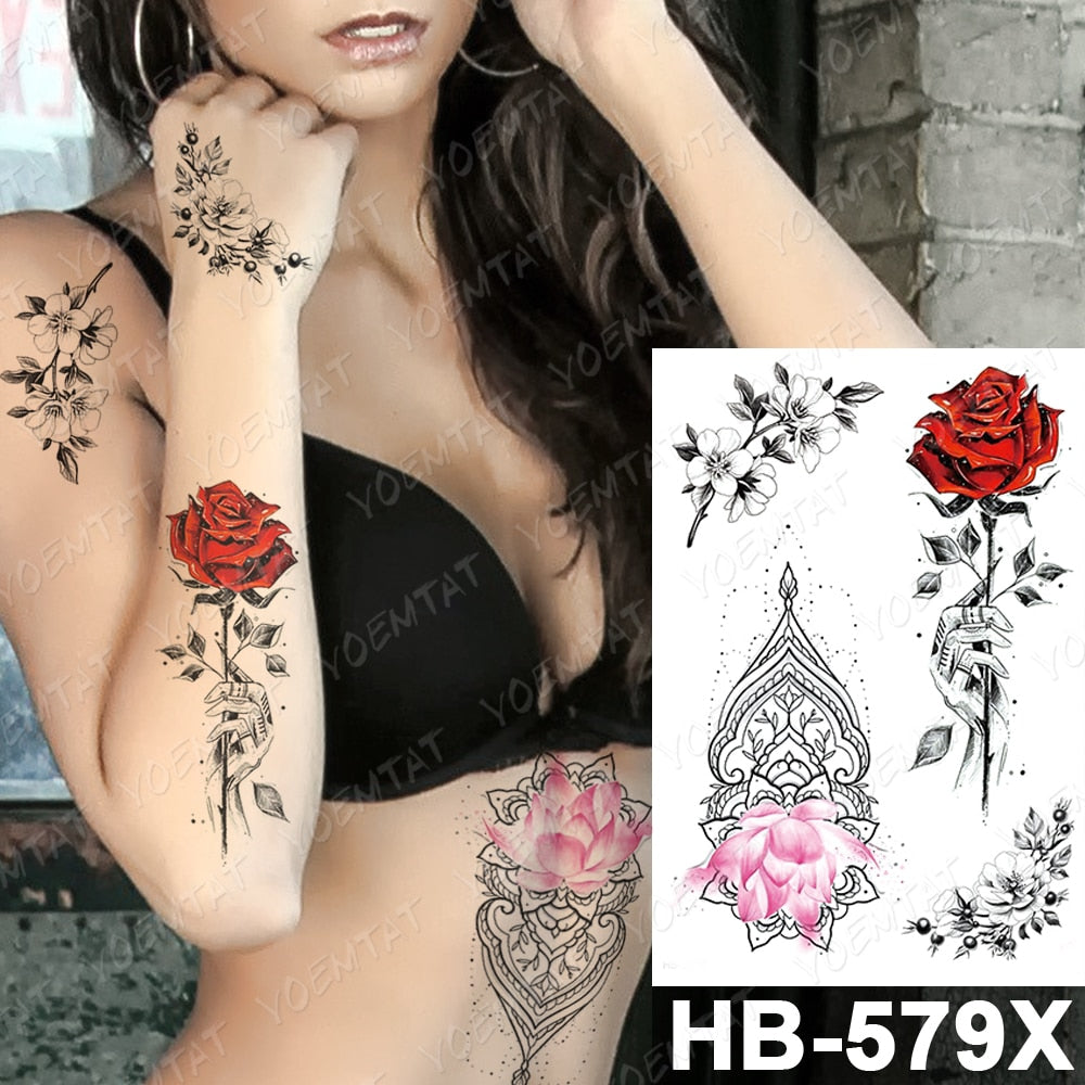 Waterproof Temporary Tattoo Sticker Dark Old School Snake Flower Flash Tattoos Black Lotus Body Art Arm Fake Tatoo Women Men