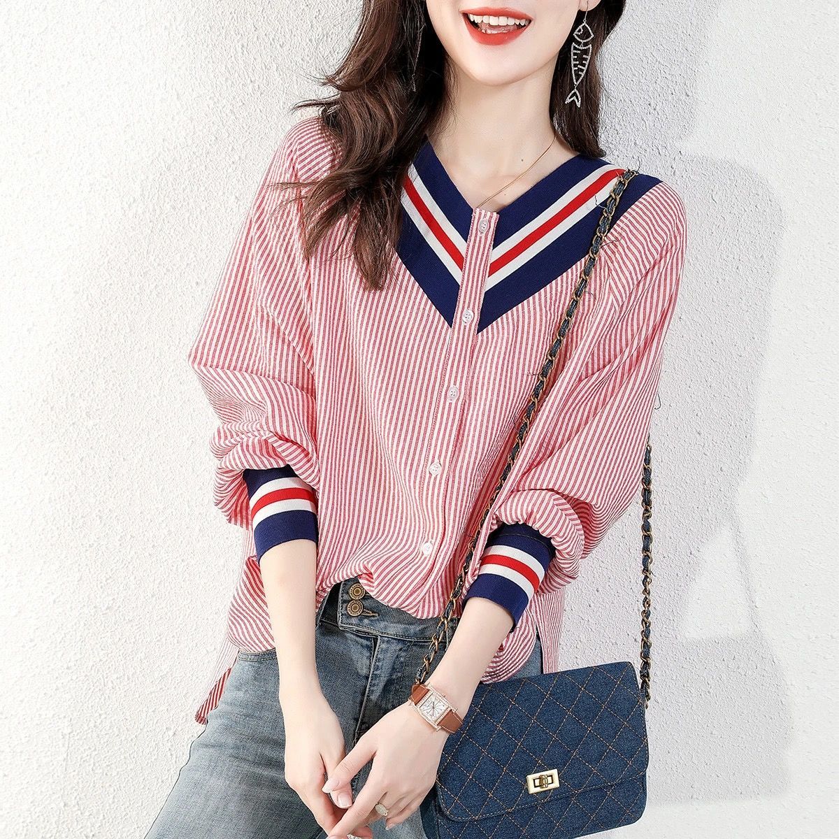 Wenkouban Temperament Stripe Korea Fashion College Loose Thin V-Neck Shirt Women's Long Sleeve Cardigan Casual Coat Ladies Office