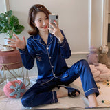 Women's Rayon Silk Pajamas Sexy Stripe Sleepwear Set Women  Pajama Set 2Piece/Suit Top Long Sleeve Belt Shirt Pant Big Homewear
