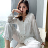 Wenkouban 2022 Spring Women's Pajamas Set Luxury Style Lace Fashion Solid Color Sleepwear Silk Like Couple Home Clothes Nightwear for Men