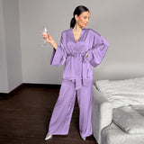 Wenkouban Drop sleeves Satin Robe Sets Bathrobe For Home Suit 2021 Sexy Sleepwear Women Pajama Loose Flare Pants Spring Fashion