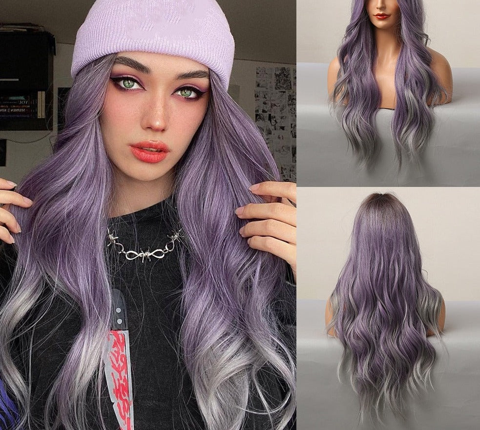 Wenkouban Ombre Brown Mixed Purple Blonde Long Synthetic Wave Wigs For Women Heat Resistant Colorful Fiber Cosplay Lolita Wigs