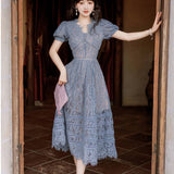 Wenkouban 2022 Summer  Fashion Korea Temperament Elegant Women  V-Neck Puff Sleeve  Lace Hollow Out Dresses   Vestidos