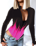 Wenkouban Autumn Women Colorblock Zipper Front Bodysuit  Femme Solid V-Neck Long Sleeve Skinny Jumpsuit Lady Outfits Underwear