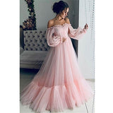 Tromlfz Pink Prom Dresses Long Sleeve Off The Shoulder Gauze Princess Vestido 2021 Ball Gown Formal Evening Party Robe