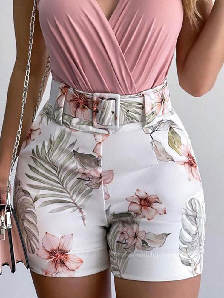 Graduation Gifts  Summer Women Fashion Two Piece Suit Sets Office Lady Sleeveless V Neck Pink Plain Ruched Top & Tropical Print Shorts Set