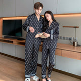 Wenkouban Spring Women's Pajamas Set Luxury Style Letter and Stripes Print Sleepwear Silk Like Couple Home Clothes Nightwear for Men
