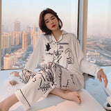 QSROCIO Women's Pajamas Set Luxury Style Fashion Natural Animal Graffiti Sleepwear Silk Like Leisure Home Clothes Nightwear