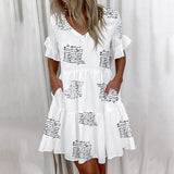 Wenkouban Women Vintage Mini Dress Summer Fashion Elegant V-Neck Floral Print Patchwork Dresses Loose Casual Ruffles Beach Dress Vestidos
