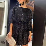 Wenkouban Sequins Women Long Sleeve Belt Mini Party Dress Loose O-Neck Ladies Solid Bling Fashion Vestidos 2023 New Year Formal Dresses