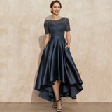 AE09 Navy Blue Satin Prom Dresses O-Neck Lace Short Sleeve Asymmetrical Sexy Party Gowns Vestidos Largos