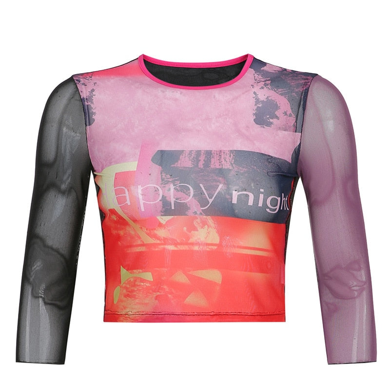 Wenkouban Print Mesh Crop Top Summer Woman Half Sleeve Tie Dye Pink Tshirts Streetwear Sexy Round Neck Slim See Through Graphic Tees